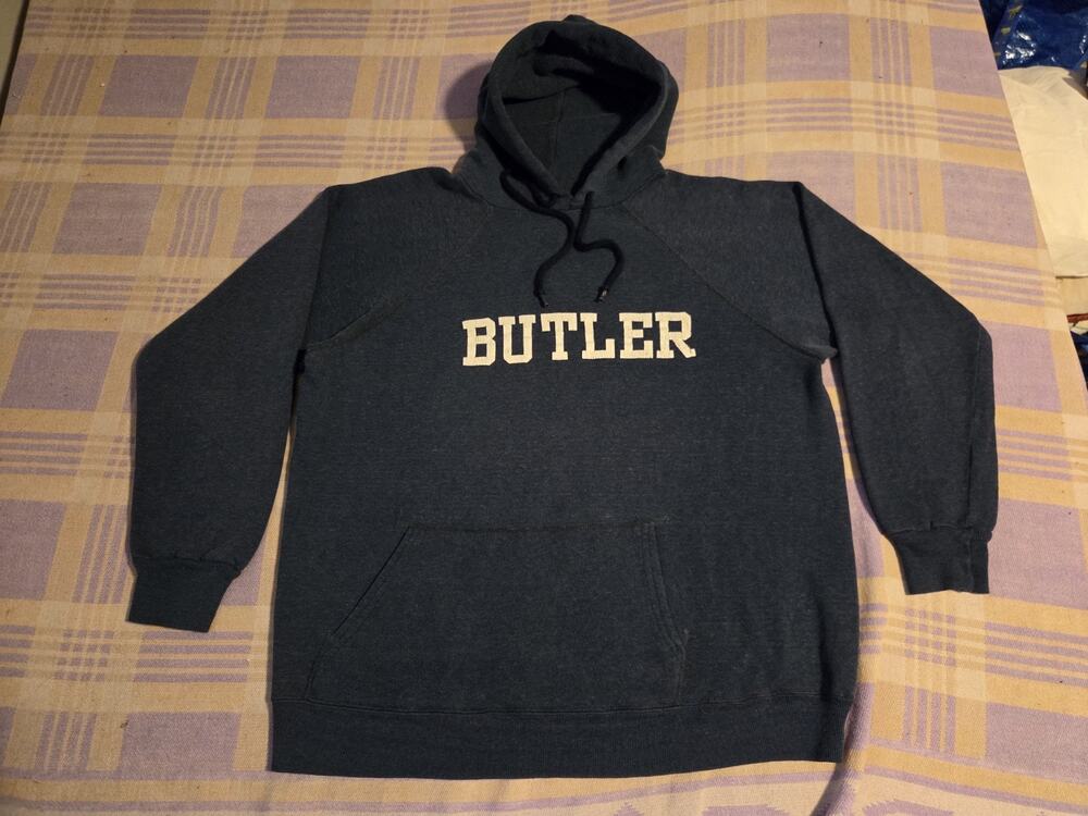 Vtg 70s Butler University Blue Hoodie Sweatshirt Velva Sheen XL Raglan College